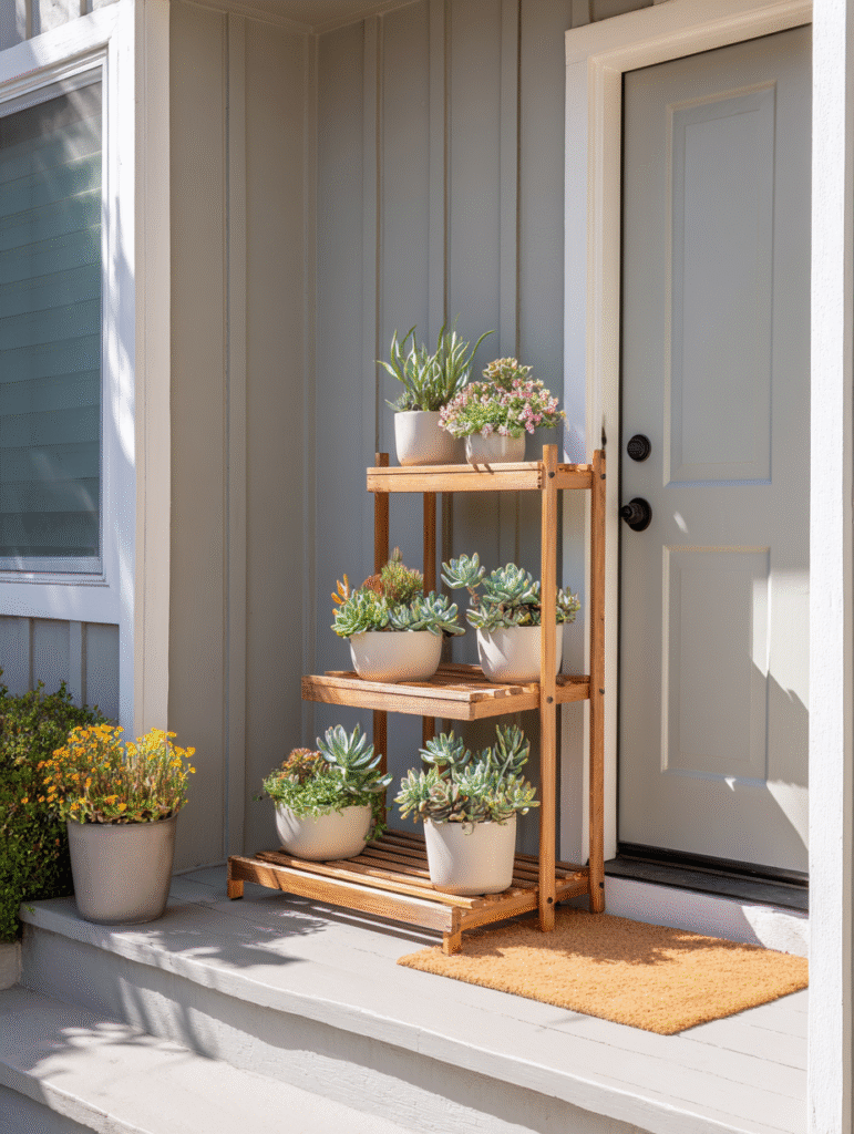 Wooden DIY tiered plant stand on a small rental entryway, styled with flowers and herbs—perfect renter-safe vertical planter stands that require no wall installation.