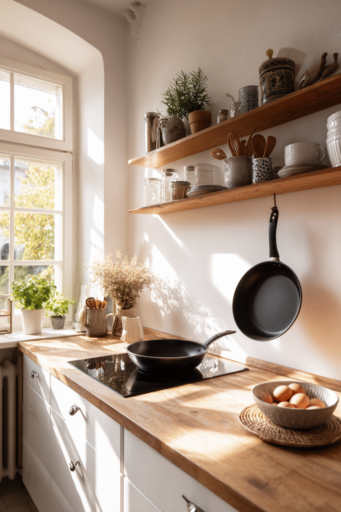 Wide-angle image of a Scandinavian-style kitchen with a nonstick wok with lid placed neatly beside fresh herbs, eggs, and wooden utensils. A stylish and practical setting for using the best nonstick wok for eggs that’s also lightweight and durable.
