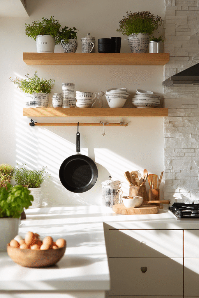 Wide-angle image of a Scandinavian-style kitchen with a nonstick wok with lid placed neatly beside fresh herbs, eggs, and wooden utensils. A stylish and practical setting for using the best nonstick wok for eggs that’s also lightweight and durable.