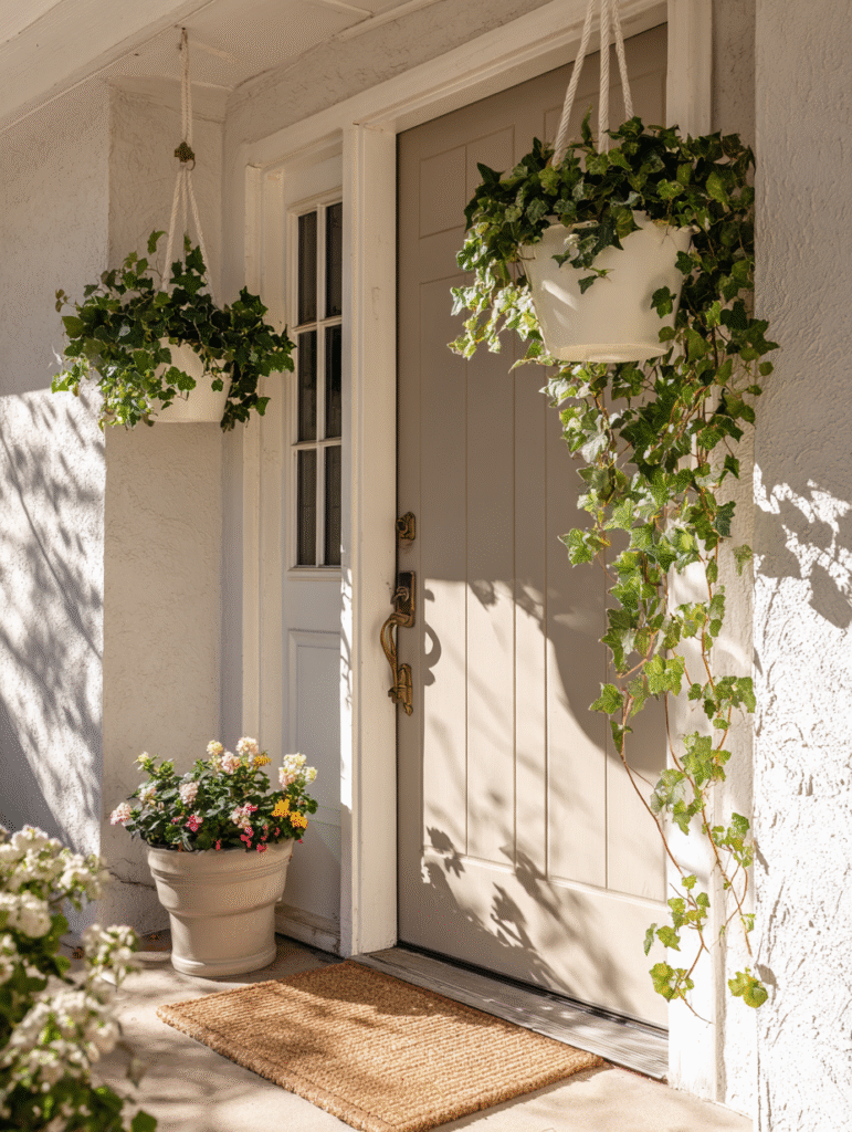 Lightweight hanging planters for front doors displayed on a modern porch, showcasing renter-friendly front door planter ideas with no drilling or damage.
