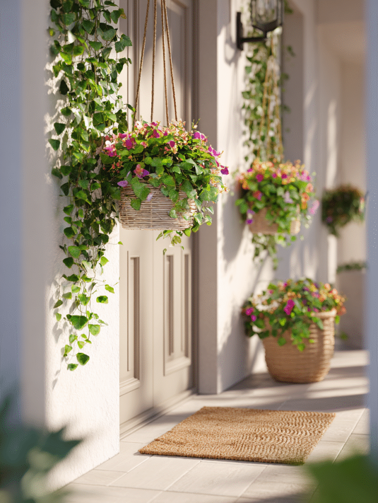 Lightweight hanging planters for front doors displayed on a modern porch, showcasing renter-friendly front door planter ideas with no drilling or damage.