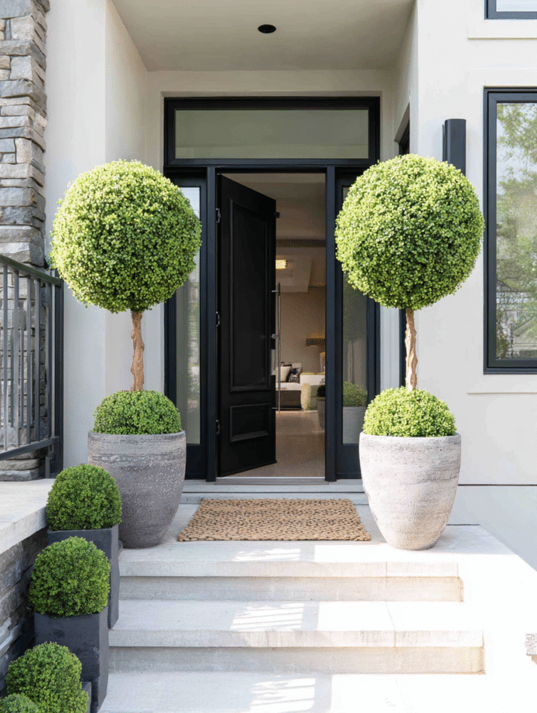 Artificial front door planters that look real, placed in ceramic pots beside a rental home's front door—low-maintenance and perfect for any renter-friendly setup.