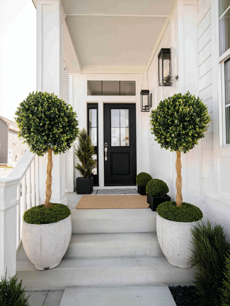 Artificial front door planters that look real, placed in ceramic pots beside a rental home's front door—low-maintenance and perfect for any renter-friendly setup.