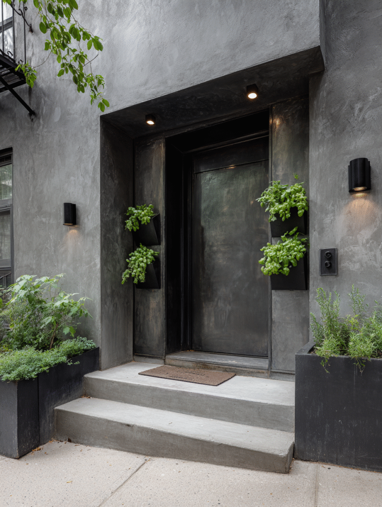 Magnetic front door planters with trailing ivy attached to a black metal door, offering stylish and flexible renter-friendly front door planter ideas for small spaces.