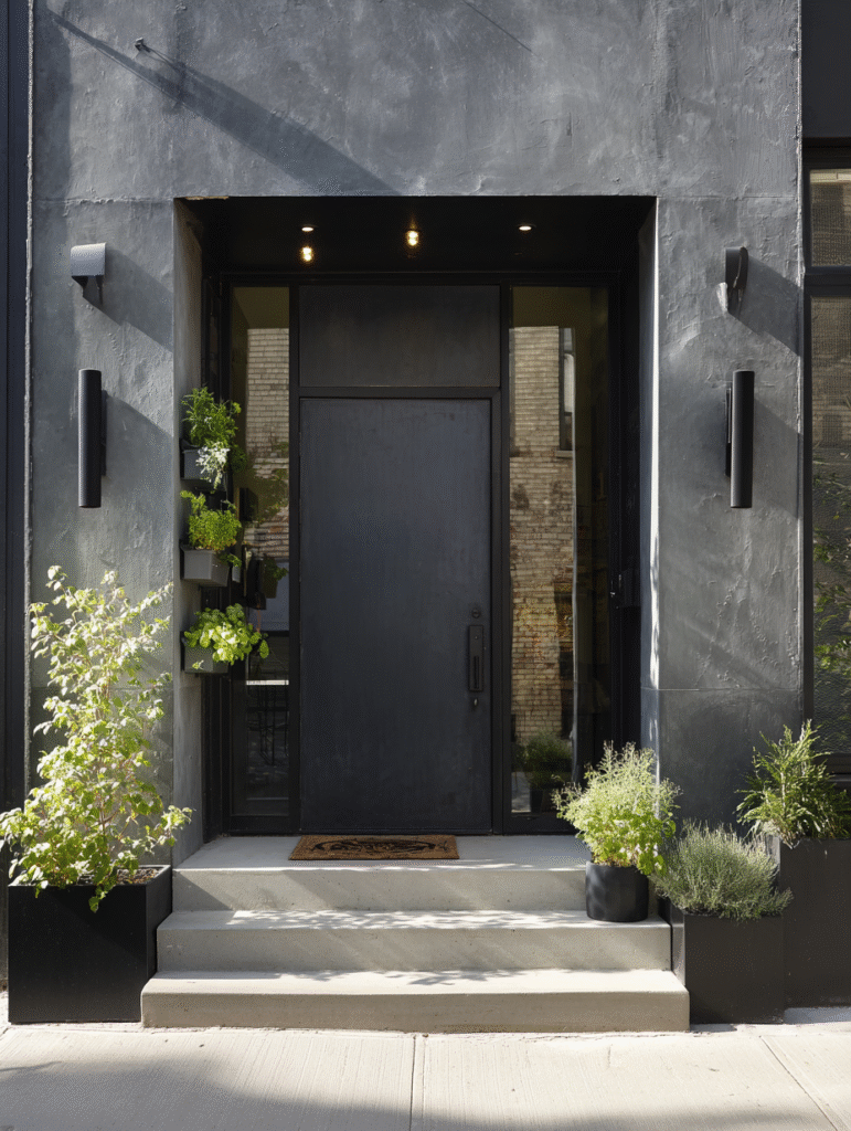 Magnetic front door planters with trailing ivy attached to a black metal door, offering stylish and flexible renter-friendly front door planter ideas for small spaces.