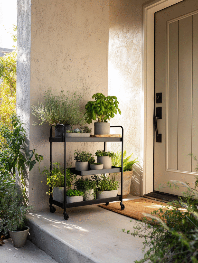 Rolling metal plant cart with potted flowers on a compact porch, ideal for modern apartments and renter-friendly front door planter ideas with no permanent fixtures.